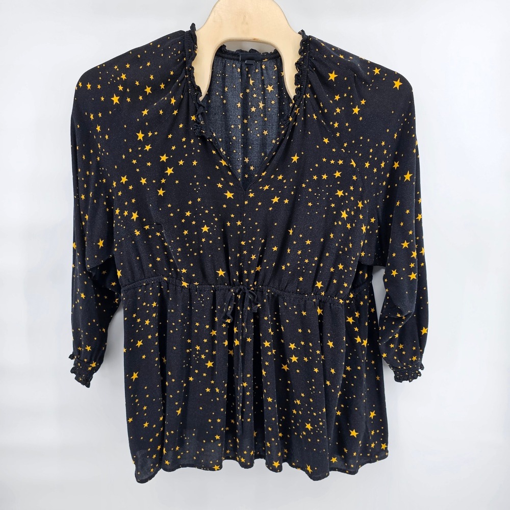Torrid Star Print Blouse Womens 5 Black Yellow Celestial Ruffle V-Neck Top